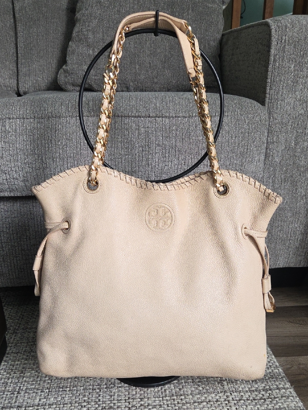 Tory Burch Marion Slouchy Leather Chain Tote Bag Neutral Beige